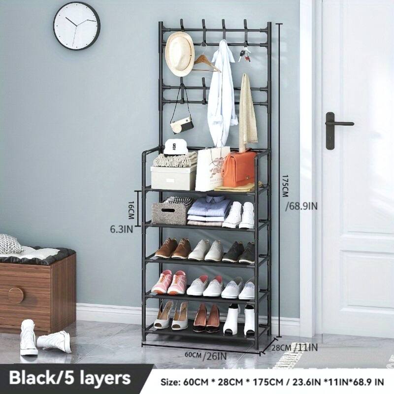 5-Tier Freestanding Shoe Rack and Coat Stand Entryway Organizer for Shoes Boots Hats - 26”L x 11”W x 68.9”H - Black