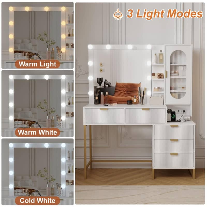 Makeup Vanity Desk with LED Lighted Mirror, USB, Power Outlets, 5 Drawers, 3 Shelves