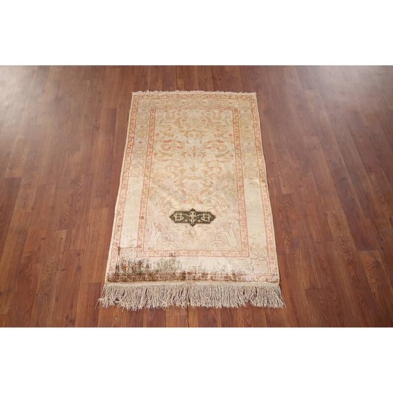 Pre-1900 Antique Hereke Vegetable Dye Turkish Rug Handmade Silk Carpet - 2'3" x 3'11"