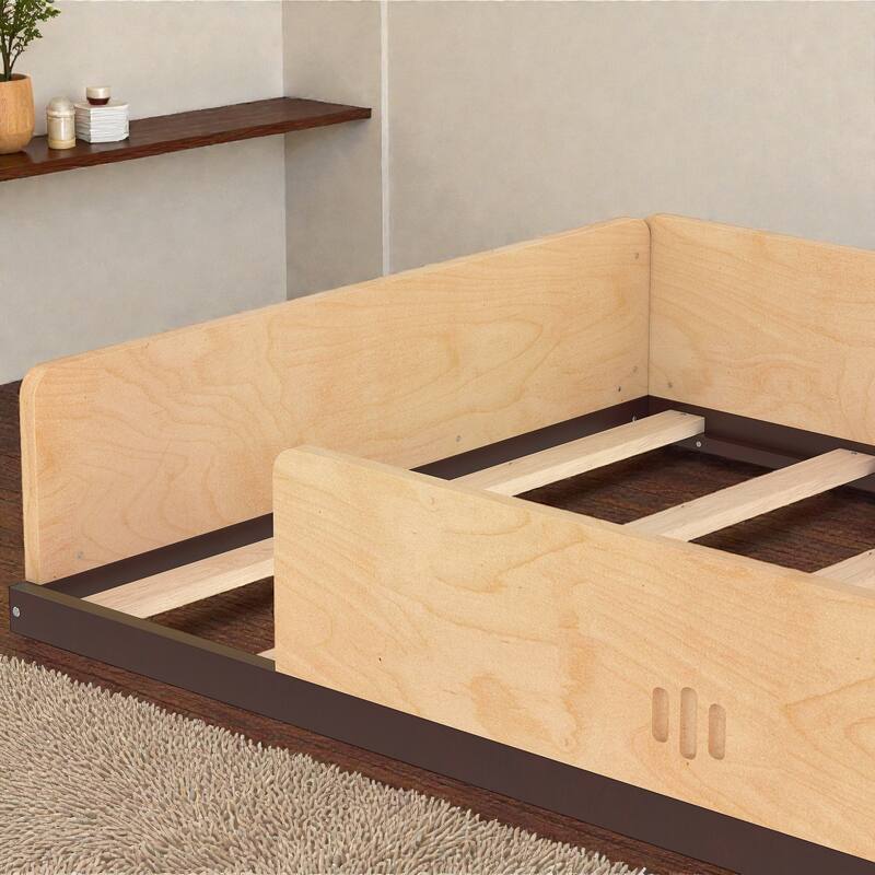 Kids Car Floor Bed with Storage Drawers and Desk, Car-Shaped Wood Floor Bed with Window, Twin Full Sizes