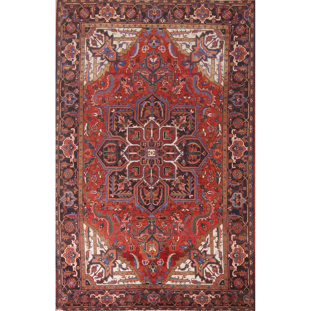 Hand Knotted Oriental 100% Wool Carpet Traditional Medallion Red Heriz Area Rug - 9' 7'' X 6' 11''
