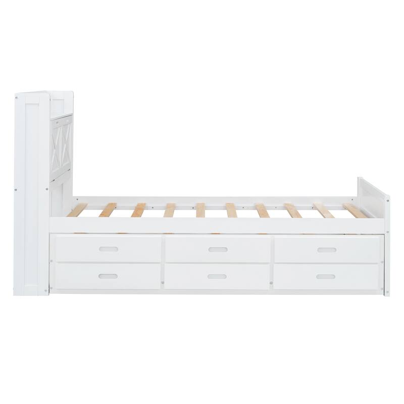 Twin Size Extendable Wooden Platform Bed with Storage Headboard, Three Drawers, and Trundle