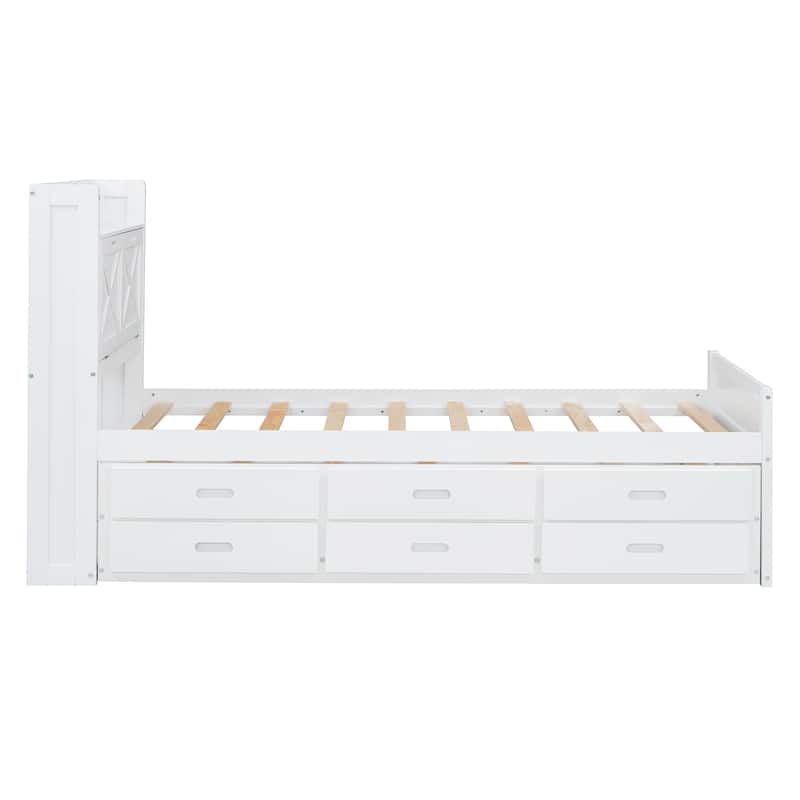 Twin Size Extendable Wooden Platform Bed with Storage Headboard,Three Storage Drawers and Trundle