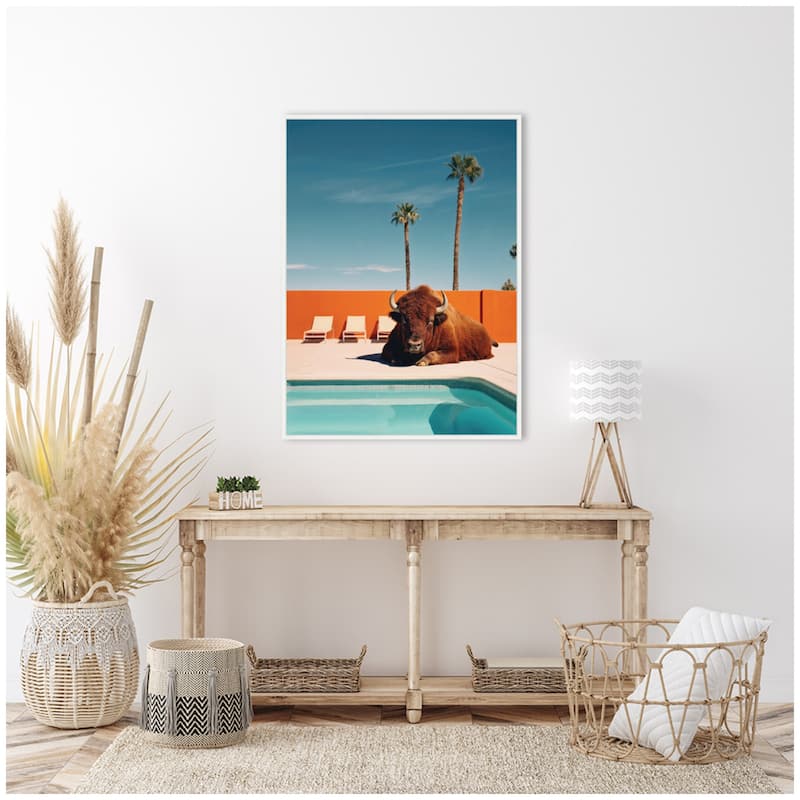 Kate and Laurel Sylvie Bison Chilling by the Pool in California Framed Canvas by Michael Schauer
