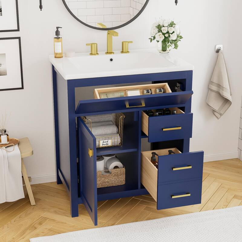 30-Inch Bathroom Vanity with Ceramic Sink Top, Freestanding Bathroom Vanity Cabinet with 1 Soft Close Door, 3 Drawers and Shelf