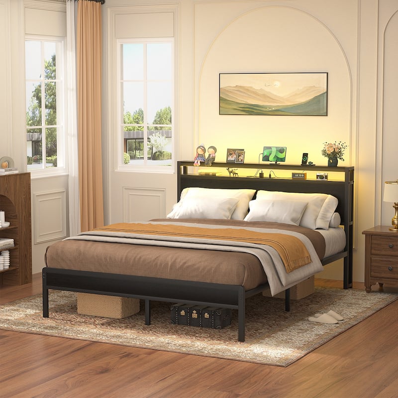 Farmhouse Wood Platform Bed Frame with Charged Station and LED Lights - Black - Queen