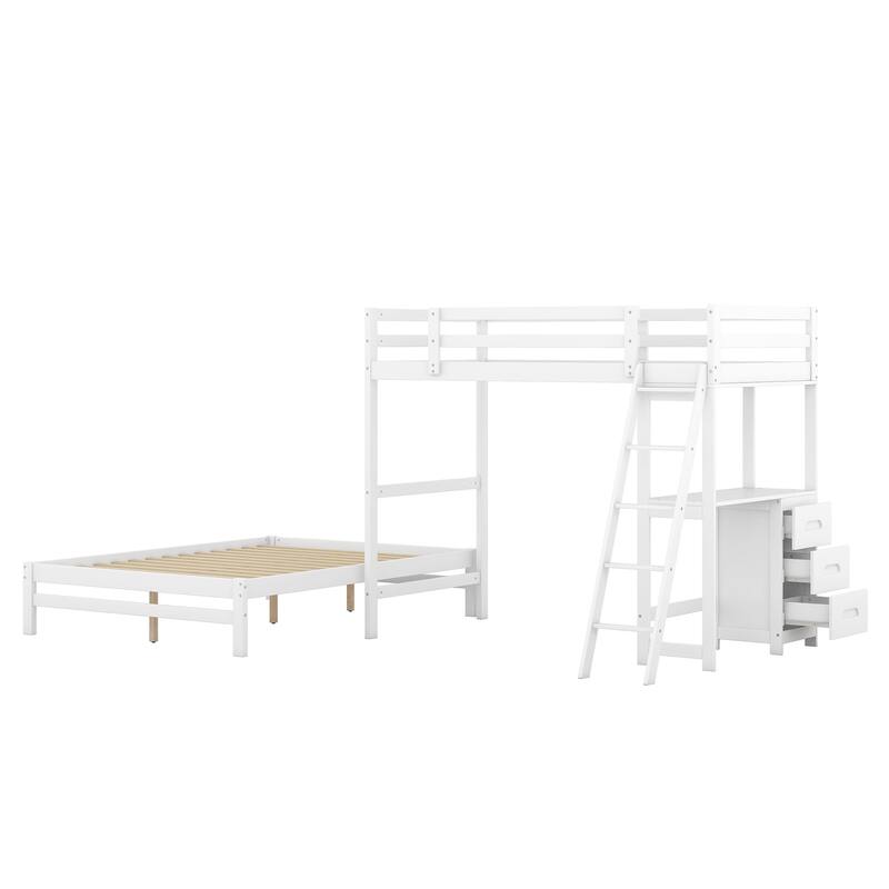 Twin Over Full Bunk Bed with Built-in Desk and Three Drawers, White