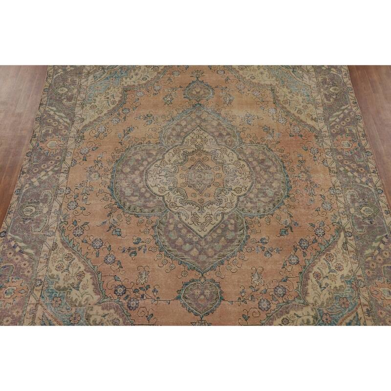Distressed Tabriz Persian Antique Area Rug Hand-Knotted Wool Carpet - 9'6" x 12'8"