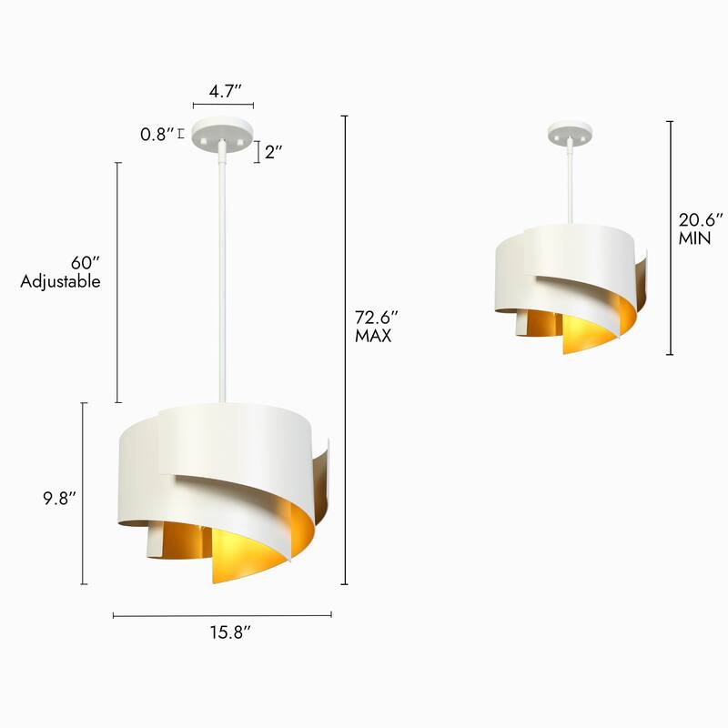 Modern Unique 3-Light Chandelier White Gold Spiral Design Large Pendant for Kitchen Dining Room - 15.8 " × 9.8 "