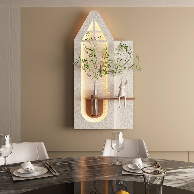 Adjustable 3-Color LED Sandstone Wall Decor with Simulated Green Plants - 3D Art Sculpture, Glass Vase & Rabbit Statue
