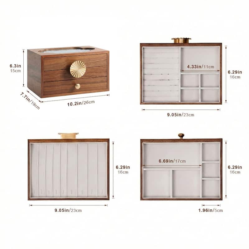 Walnut Color Pull-Out with Brass Handles and Glass Skylight 3-Tiered Jewelry Box - 10.24