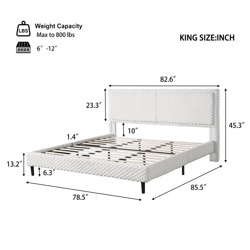 Upholstered King Bed with Plush Fabric and Padded Backrest Solid Wood Frame