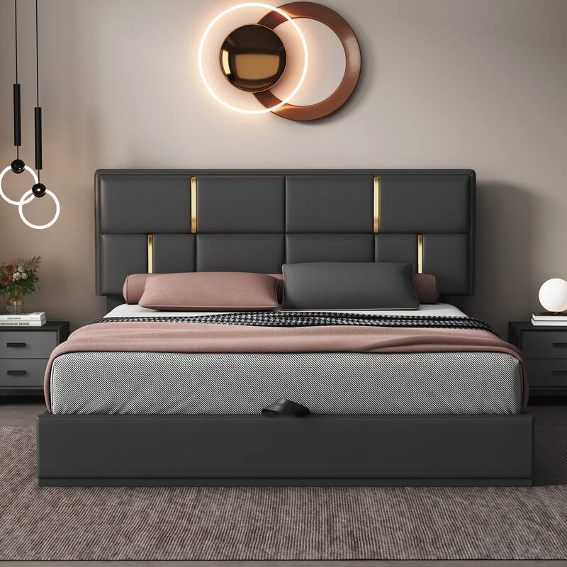 Queen Size Upholstered Platform Bed with Hydraulic Storage System - Black