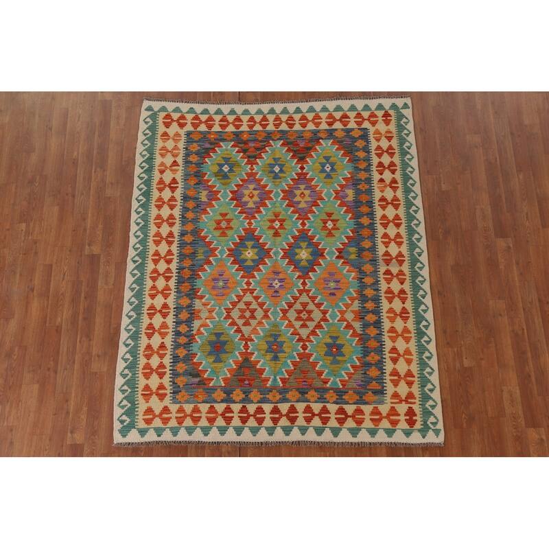 Hand Woven Oriental 100% Wool Carpet Southwestern Geometric Multi-Colored Kilim Area Rug - 6' 4'' X 5' 3''