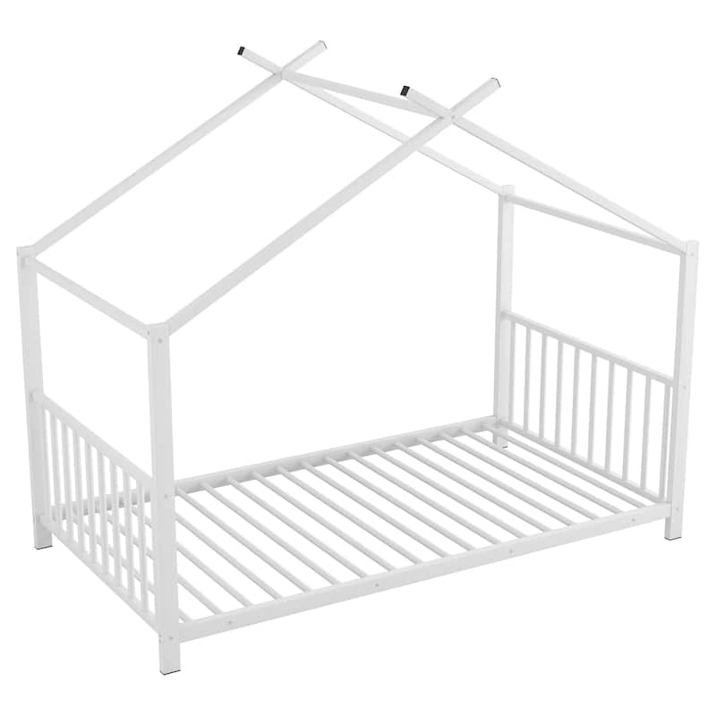 Roomfitters Twin Size Metal House Platform Bed Frame with Modern Minimalist Style and Guardrail
