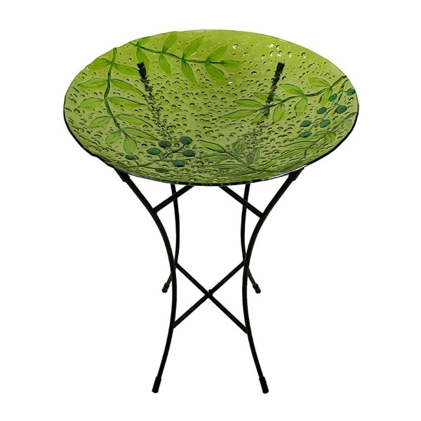 21" Hand Painted Glass Green Leaves and Berries Spring Outdoor Garden Bird Bath