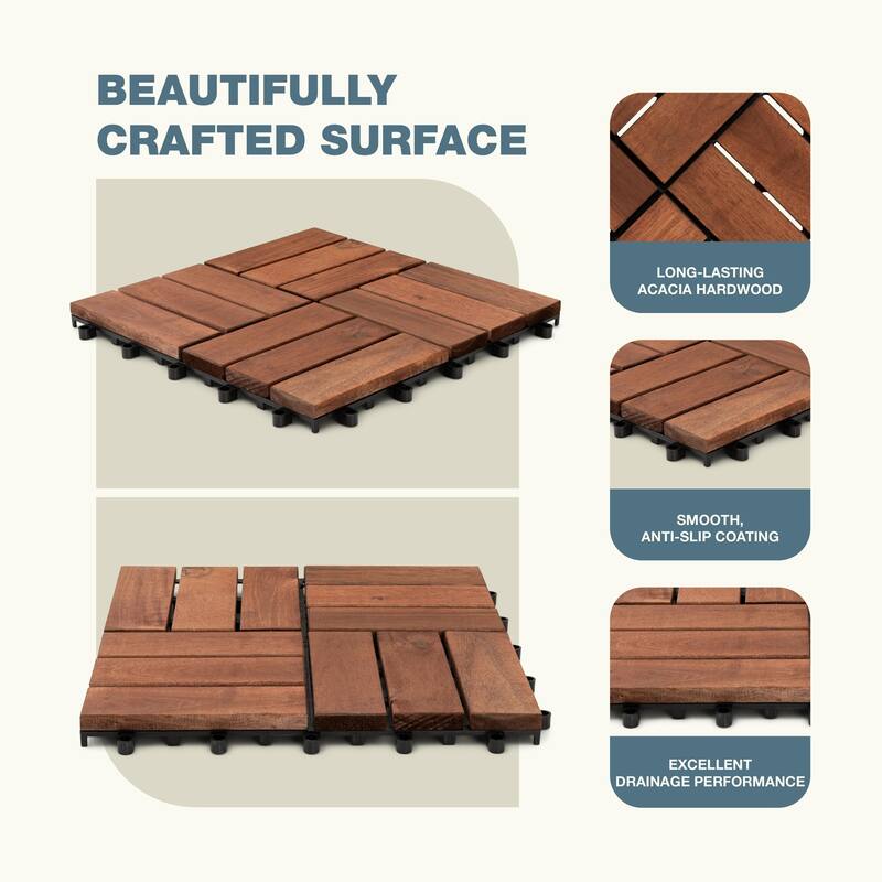 10pcs Interlocking Deck Tiles 11.8" x 11.8", Patio Flooring Outdoor Waterproof, Acacia Wood Tiles All Weather