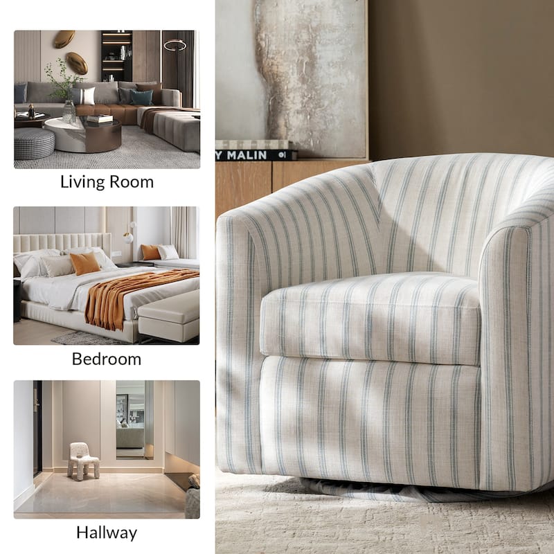 Cuenca Modern Living Room Wooden Upholstered 360° Swivel Barrel Chair with Metal Base and Wide Backrest