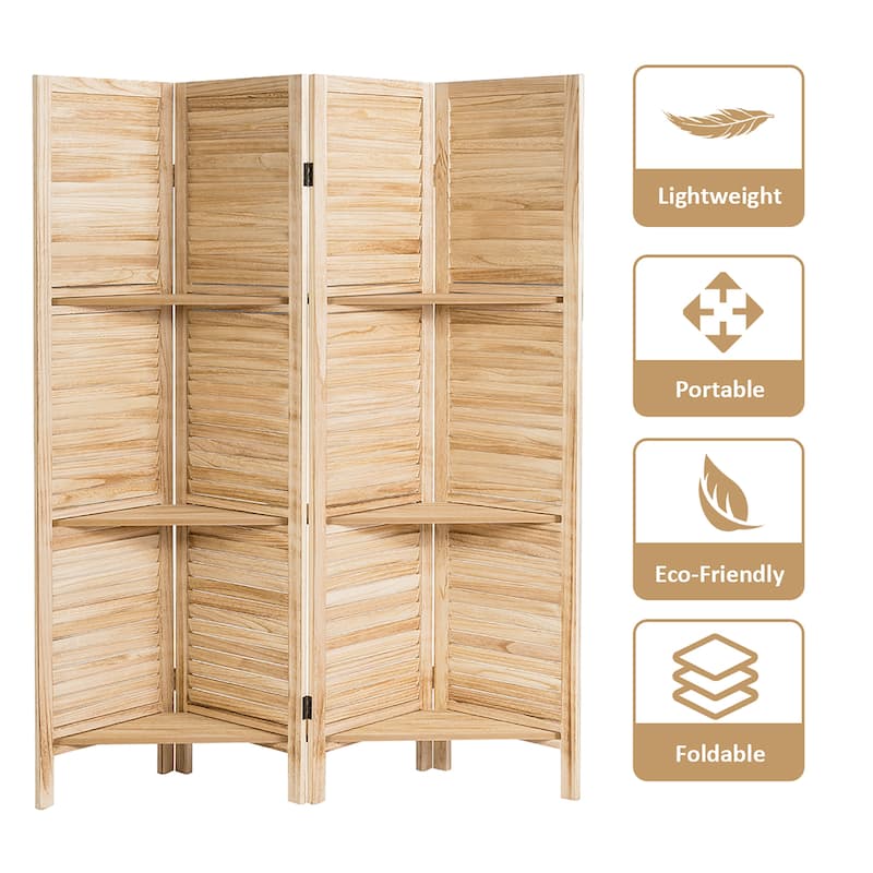 4 Panel 5.6 Ft Tall Wood Room Divider with 3 Display Shelves