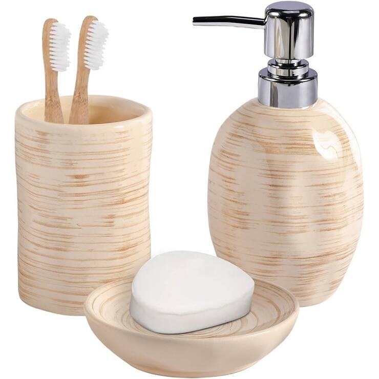 Bath Accessory Set, Color Glazed Beige with Brushed Brown-Texture Surface