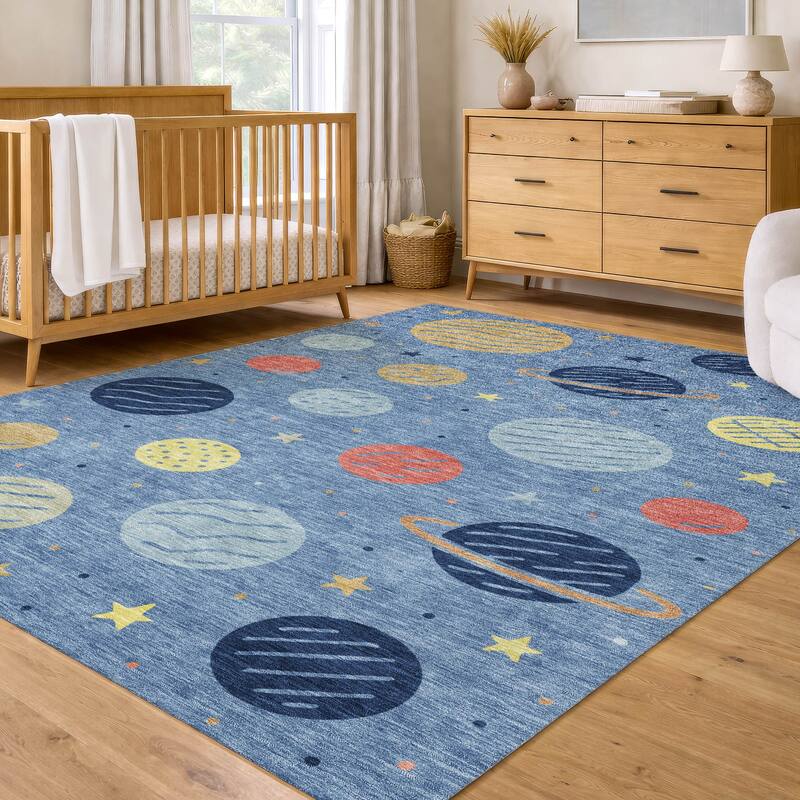 Machine Washable Indoor/ Outdoor Modern Planets Chantille Rug