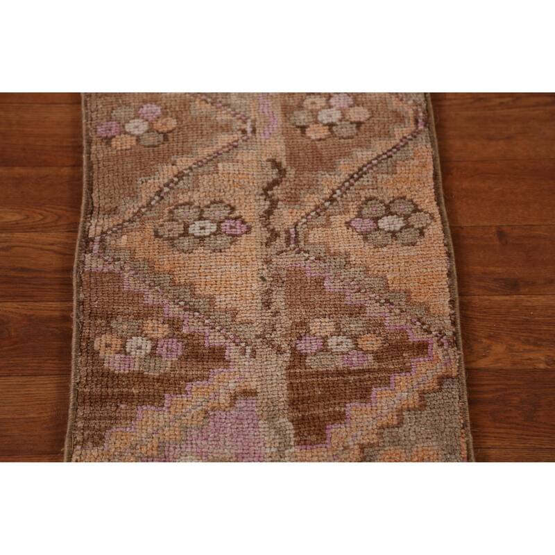 Hand Knotted Oriental 100% Wool Carpet Transitional Tribal Brown Anatolian Runner Rug - 2' 10'' X 1' 3''