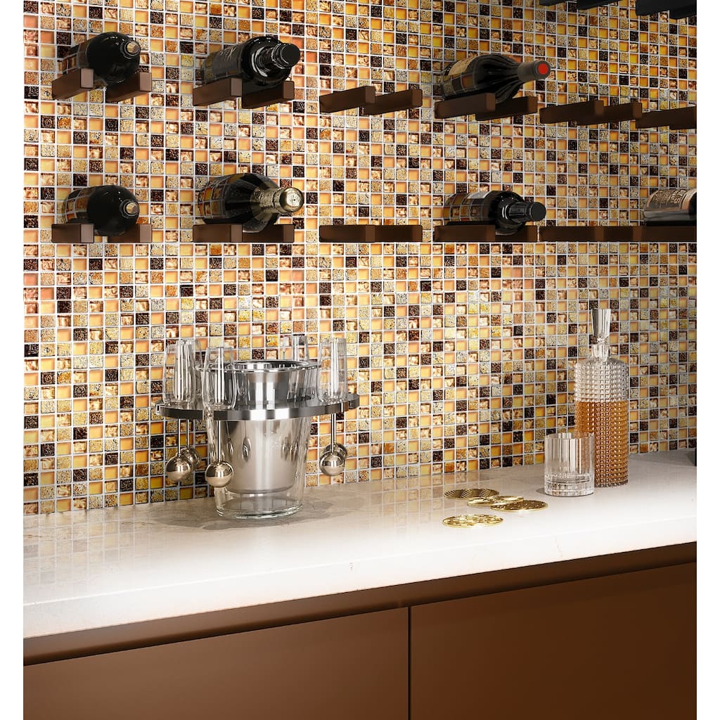 Apollo tile 12" x 12" Phoenix Glossy Foiled Beige andBrown Glass Resin Stone Tile (4.75 sq ft/case) - 5 Pack
