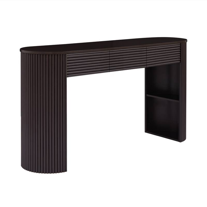 Retro Console Table with Storage, 3 Drawers, 1 Table-Leg Niche, Round Slat Aesthetic, Entryway, Living Room & Hallway