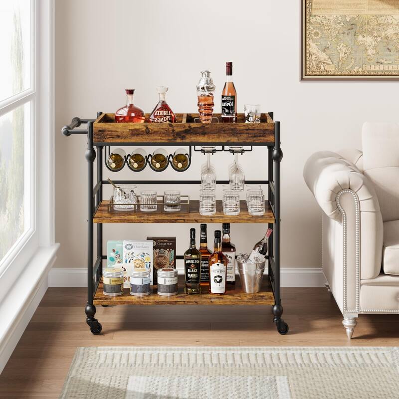 Farmhouse 3 Tier Bar Cart with Removable Tray for Kitchen - 15.7"D x 35.4"W x 34.1"H