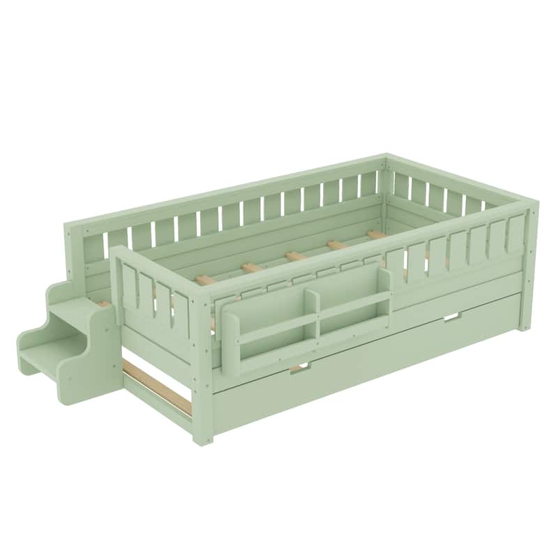 Roomfitters Floor Bed with Bookshelf and Trundle, Low Profile Frame with Step Entry