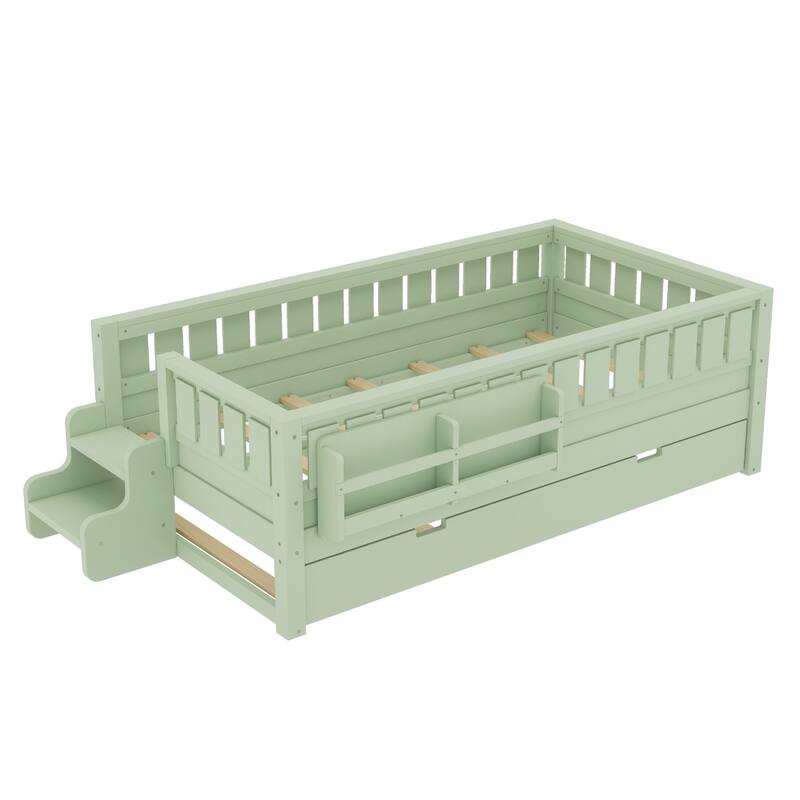 Twin with Built-in Bookshelves and Small Staircase, High-Quality Safety Rails, and Trundle