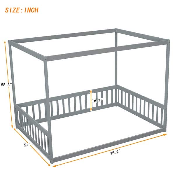 dimension image slide 0 of 3, Full Size Pine Wood Canopy Frame Floor Bed with Fence and Guardrails for Bedroom