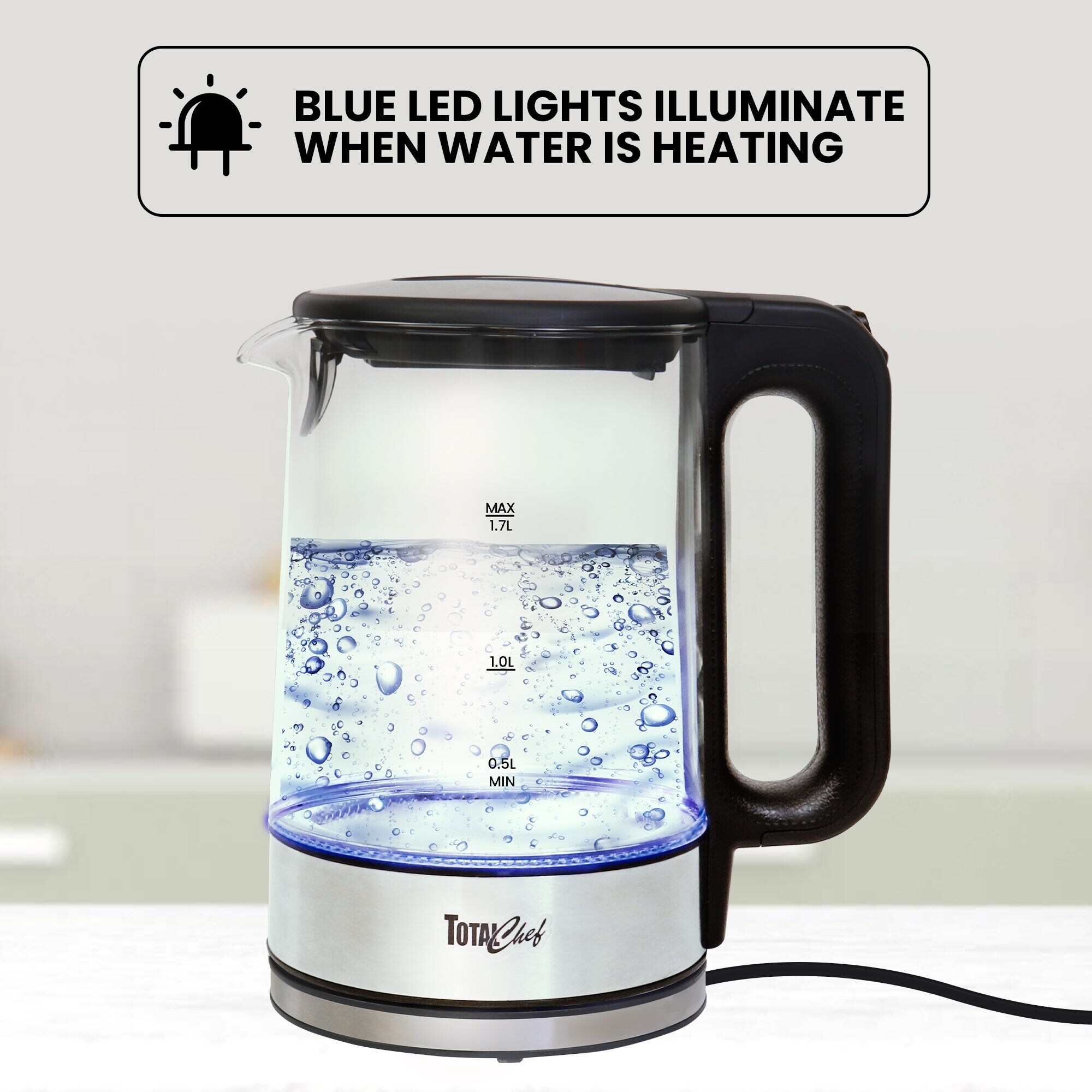 Total Chef Cordless Electric Glass Kettle LED Light 1.8 QT 1.7L