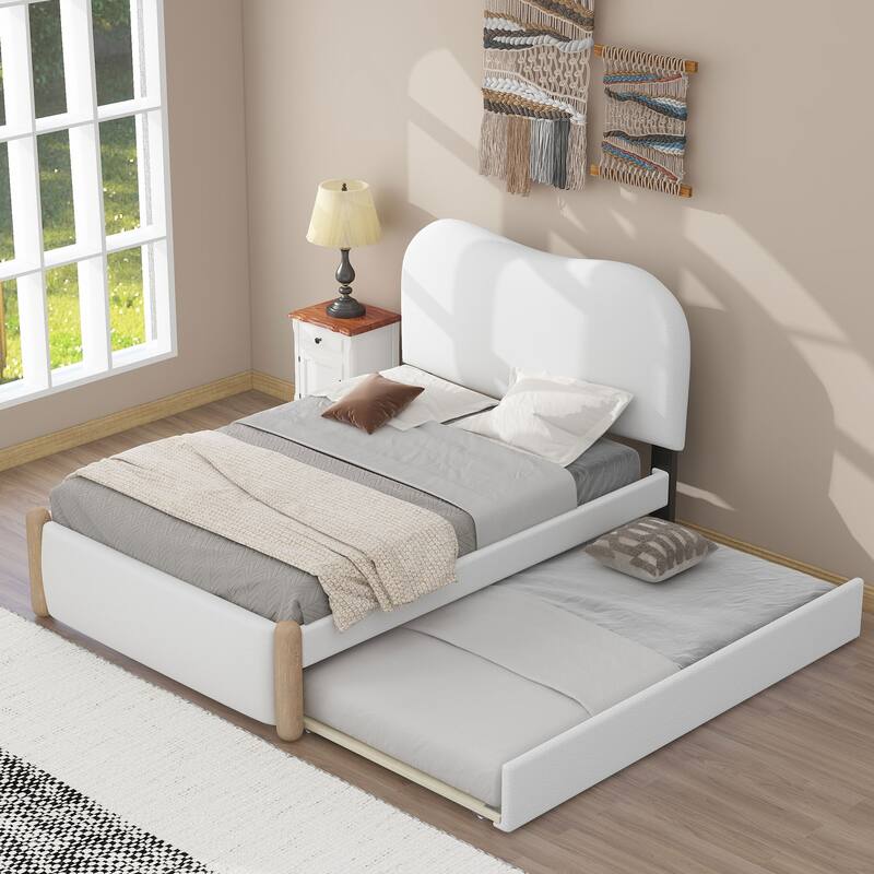 White Twin Size Upholstered Platform Bed with Trundle and Wood Feet - White