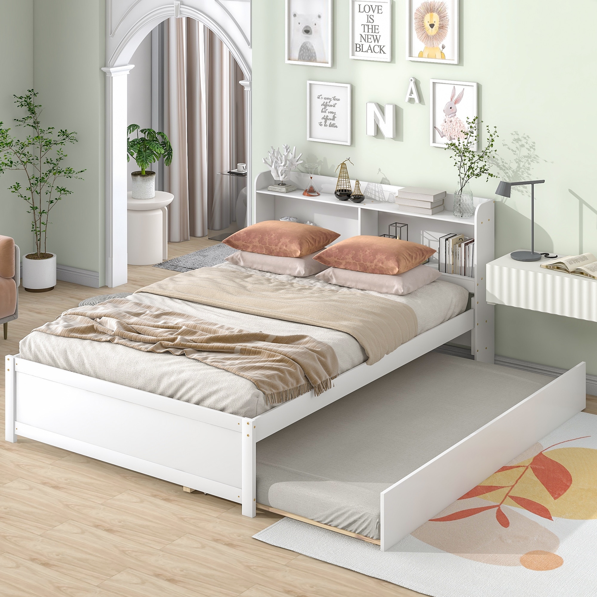 Full Size Platform Bed Frame with Trundle Bed & Bookcase Headboard