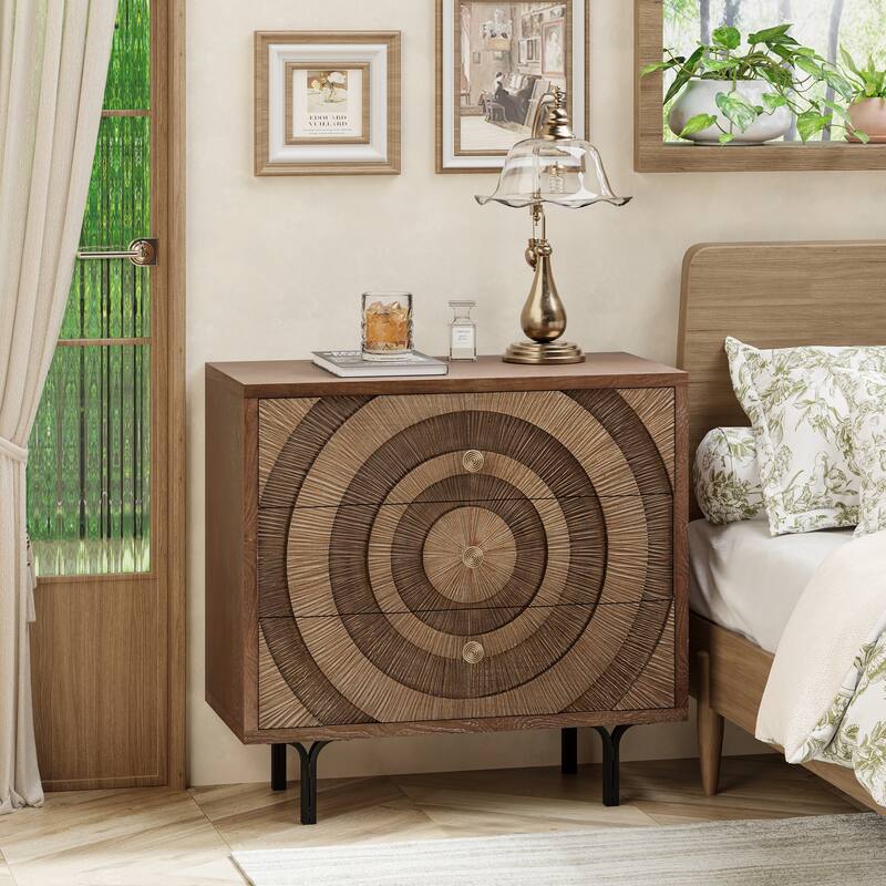 COZAYH Farmhouse Nightstand, Accent Wooden Storage with Circle Pattern and Radioactive Wood Lines, Mid-century Dresser - 3-drawer Dresser