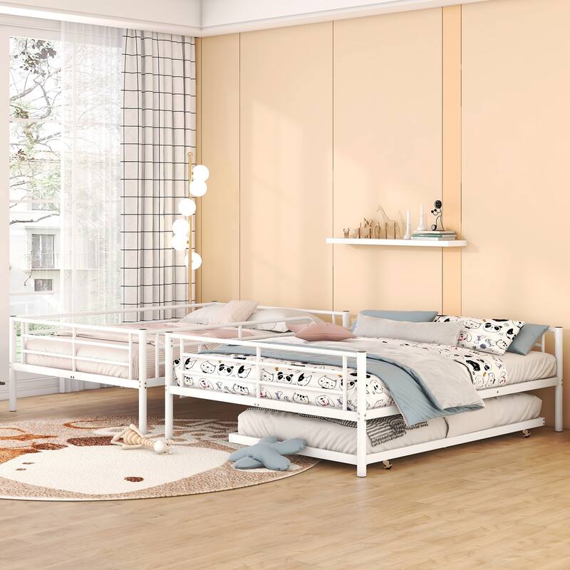 Metal Bunk Bed with Trundle and Guardrail, Convertible to Two Beds