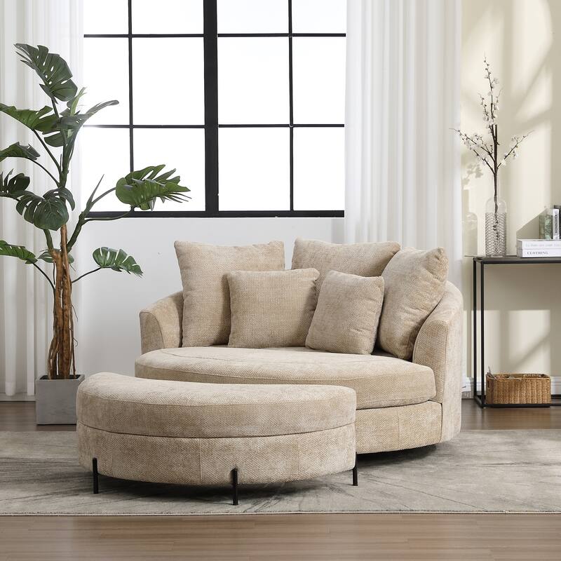 Modern Sofa Chair Round Accent Barrel Chair With 5 Pillows and Storage Ottoman