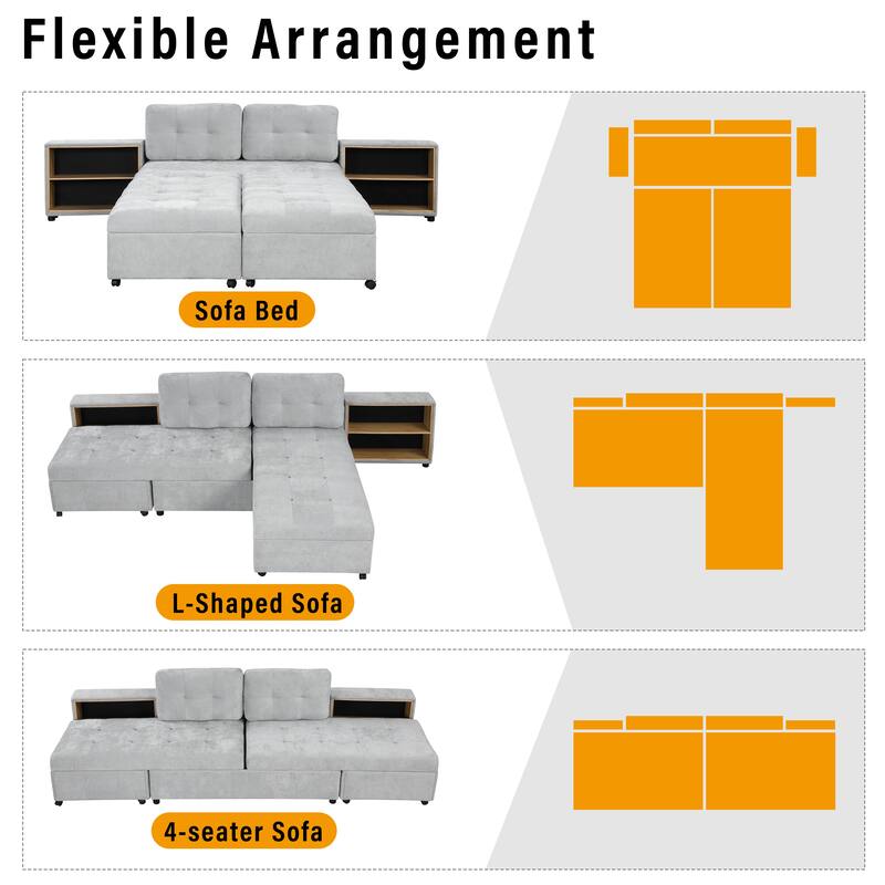 Sectional Sofa for Living Room Modular Sleeper Sofa with 2 Storage Racks Free-combined Sofa, Upholstered Corner Chaise