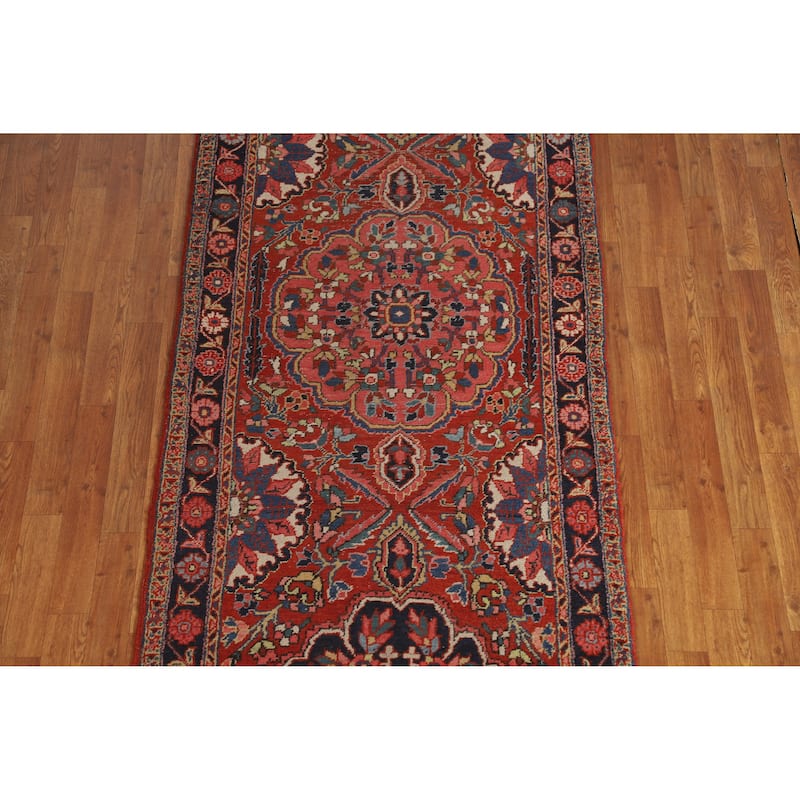Hand Knotted Oriental 100% Wool Carpet Traditional Floral Red Heriz (serapi) Runner Rug - 12' 8'' X 3' 4''