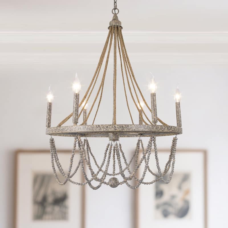 Farmhouse 6-Light Empire Boho Wood Beaded Wagon Wheel Chandelier for Living Dining Room - L25.5"xW25.5"xH37"