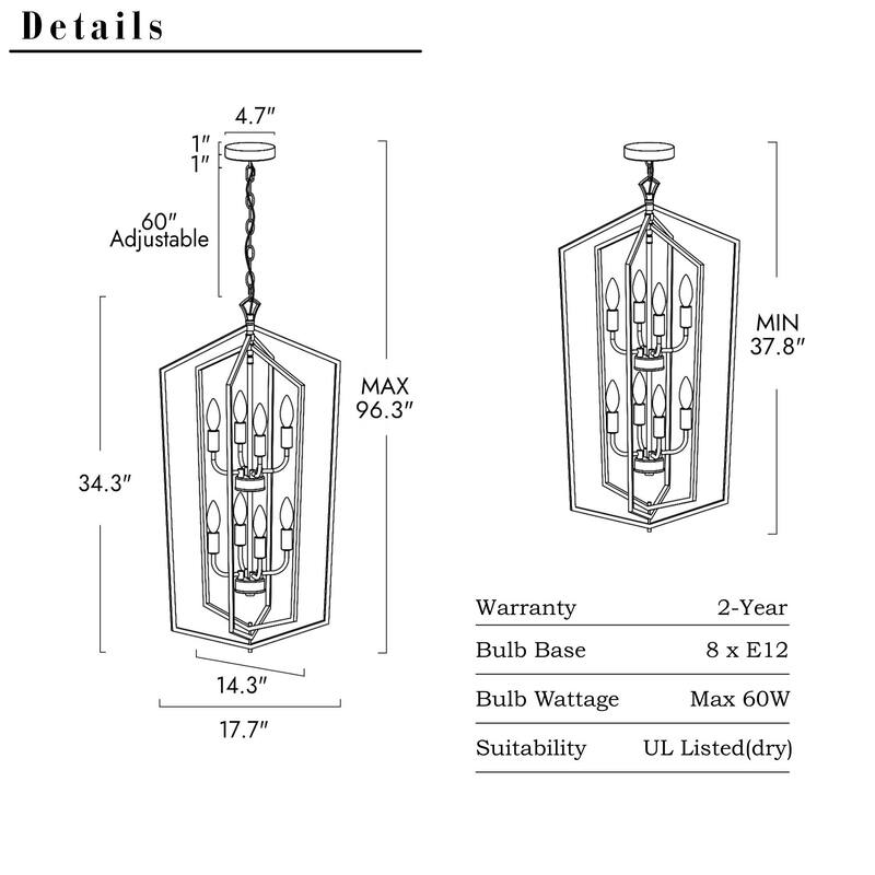 Modern 8-Light Geometric Chandelier Black Copper Lantern Pendant for Kitchen Dining Room - 17.7 " × 14.3 " × 34.3 "