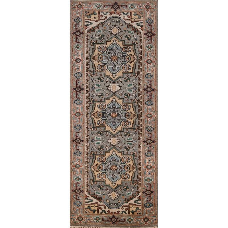 Gray Geometric Heriz Serapi Indian Runner Rug Hand-Knotted Wool Carpet - 2'7" x 7'11"