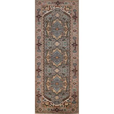 Gray Geometric Heriz Serapi Indian Runner Rug Hand-Knotted Wool Carpet - 2'7" x 7'11"
