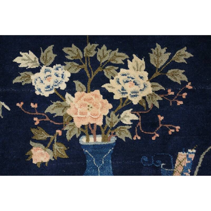 Hand Knotted Oriental 100% Wool Carpet Traditional Pictorial Navy Blue & Blues Art Deco Area Rug - 6' 6'' X 5' 0''