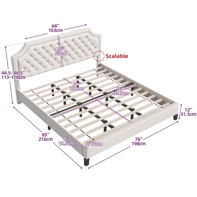 Moasis Button-Tufted Linen Upholstered Platform Bed with Adjustable Headboard