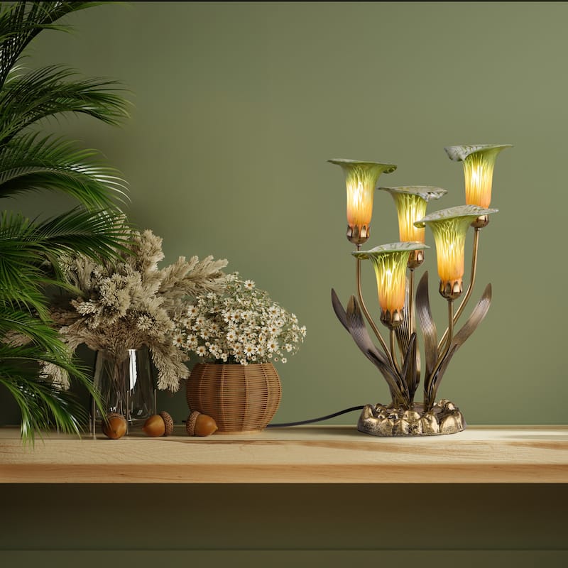 20-inch Antique Brass and Hand Blown Glass 5 Calla Lily Uplight Accent Lamp - 15" x 14" x 20"