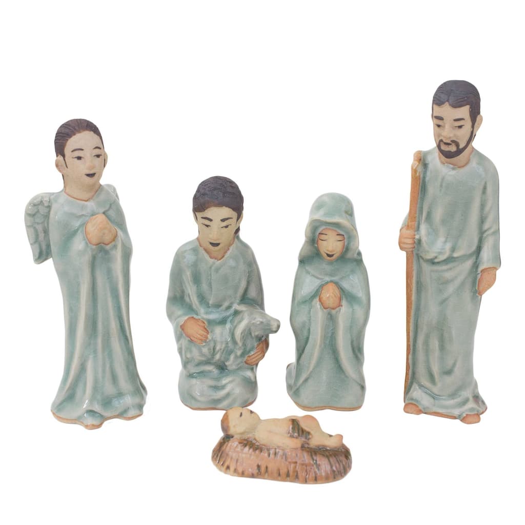 Handmade Blessed Nativity Celadon ceramic nativity scene (Thailand) - 23 x 17 x 15