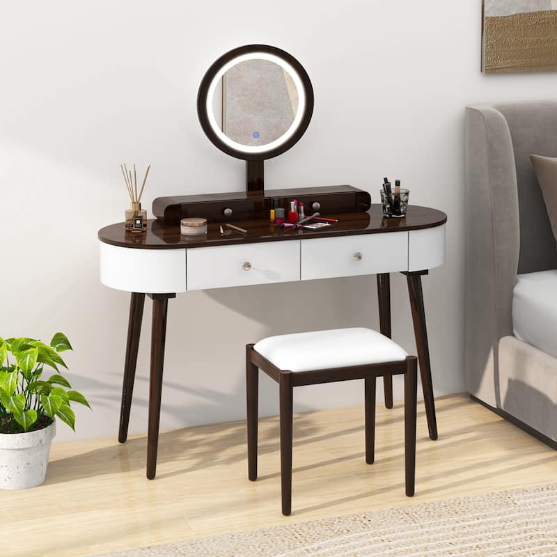 Costway Solid Wood Makeup Vanity Desk Set with LED Lighted Mirror - White + Brown