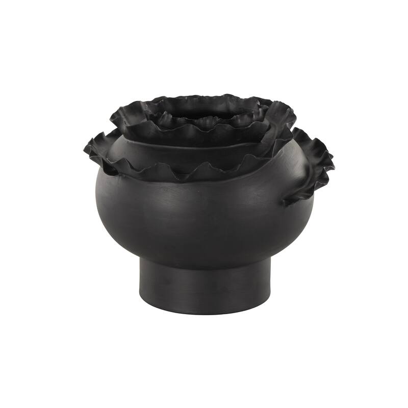 White or Black Ceramic Wide Rounded Floral Inspired Abstract Decorative Vase with Layered Petals